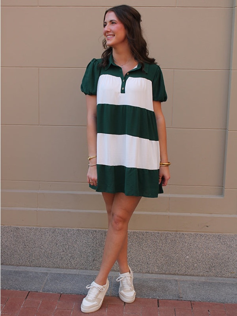 She + Sky Dark Green and White Striped Polo Babydoll Mini Dress